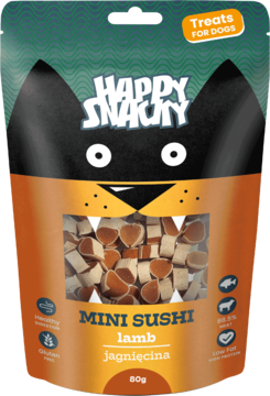 Happy Snacky Mini Sushi lamb, przysmaki dla psa bez glutenu, zielono-pomarańczowa paczka z okienkiem, widok z przodu.