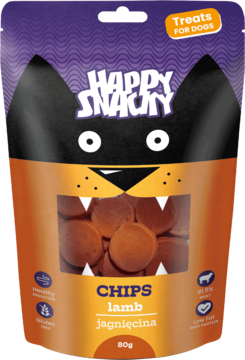 Happy Snacky Chips lamb dog treats, front view. Purple-orange pouch with dog face shows round, gluten-free lamb snacks.