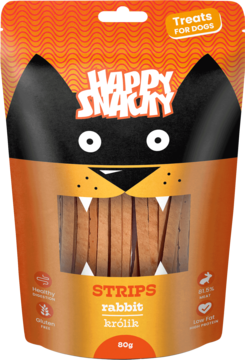 Pomarańczowo-czarne opakowanie Happy Snacky Paski z królika dla psów, z okienkiem w kształcie zębów.