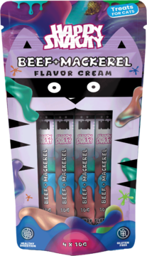 Kremowe przysmaki Happy Snacky Beef+Mackerel w fioletowej saszetce z postacią kota, zawierającej 4 tubki 10g.