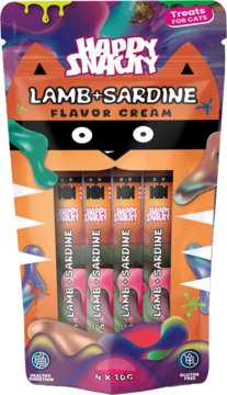 Happy Snacky Lamb+Sardine Flavor Cream dla kotów, 4x10g, pomarańczowa saszetka w kształcie kota z widocznymi tubkami.