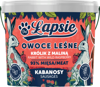 Lapsie Kabanosy Królik z Maliną, 93% mięsa, białe wiaderko z kolorową etykietą z królikami i owocami.
