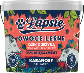 Białe wiaderko Dal Lapsie Kabanosy dzik z jeżyną dla psa, 93% mięsa, etykieta z lasem, widok z przodu.