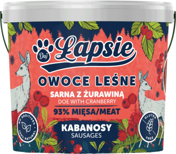 Opakowanie Lapsie Kabanosy Sarna z Żurawiną dla psa, 93% mięsa, czerwone tło z jeleniem i żurawiną, widok z przodu.