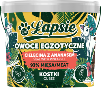 Lapsie Mięsne Kostki Cielęcina z Ananasem w białym wiaderku, tropikalny wzór, 93% mięsa, widok z przodu.