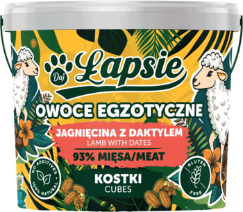 Okrągły pojemnik Lapsie, przysmaki dla psa: Jagnięcina z Daktylem, 93% mięsa, kostki, na tropikalnym tle z owcami.