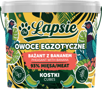 Wiaderko Lapsie Kostki Bażant z Bananem, 93% mięsa, tropikalne tło z bażantami, widok z przodu.