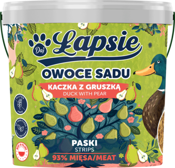 Lapsie Kaczka z Gruszką, psie przysmaki w paskach, 93% mięsa, zielone opakowanie z kaczką i gruszkami.