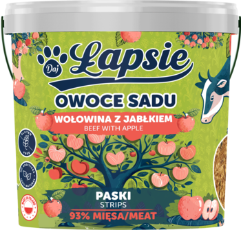 Zielone wiaderko Lapsie: Paski Wołowina z Jabłkiem, 93% mięsa. Grafika jabłoni i krowy.