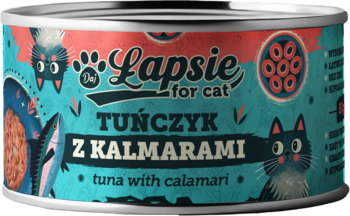 Puszka karmy dla kota Łapsie Tuńczyk z Kalmarami, turkusowa etykieta z kotami, napisem Łapsie, widok z przodu.