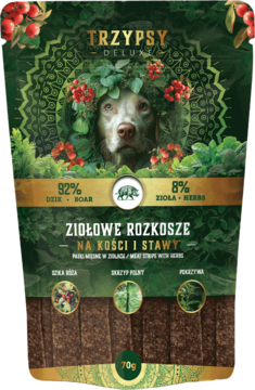 Opakowanie "Trzypsy Deluxe" paski z dzika i ziół na kości i stawy dla psa, 70g. Pies w koronie.