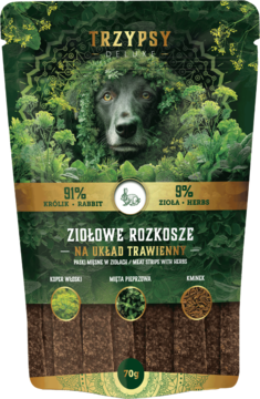 TRZYPSY Ziołowe Rozkosze 70g, paski z królika dla psa na trawienie, opakowanie z psem z liści, widok z przodu.