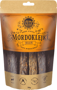 Brązowa torebka TRZYPSY DELUXE Mordoklejki JELEN, naturalne paski z mięsa dla psa, widok z przodu.