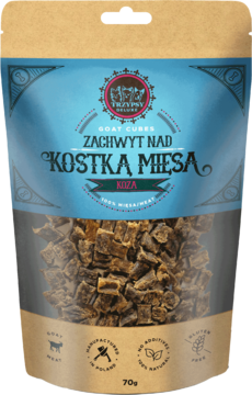Opakowanie TRZYPSY DELUXE Zachwyt Nad Kostką Mięsa z koziego mięsa, widok z przodu, z okienkiem pokazującym suszone kostki.