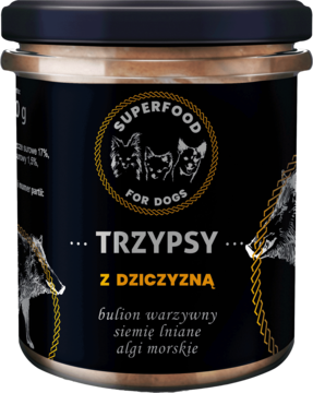 Trzypsy Superfood mokra karma dla psa z dziczyzną w czarnym słoiku, bulion, siemię, algi. Widok z przodu.