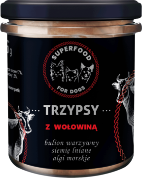 Czarny słoik mokrej karmy Trzypsy Superfood z wołowiną dla psów, etykieta z krowami i psami.