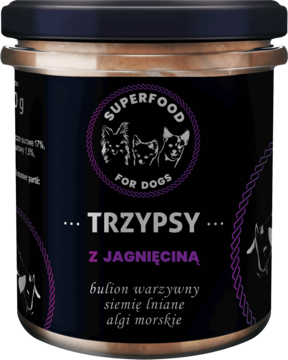 Trzypsy Superfood karma dla psa z jagnięciną, czarny słoik, bulion, siemię lniane, widok z przodu.