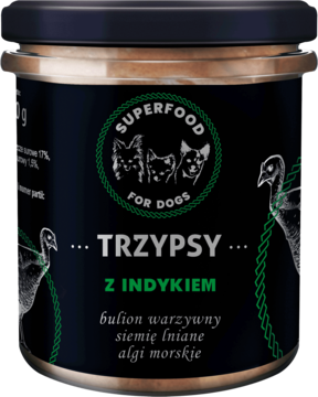 Trzypsy Superfood mokra karma dla psa z indykiem w czarnym słoiku, z zielonym logo i grafiką indyków.