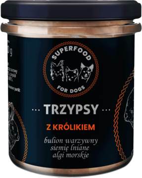 Trzypsy Superfood pełnoporcjowa karma mokra dla psa, królik, w czarnym słoiku, front etykiety z 3 psami.