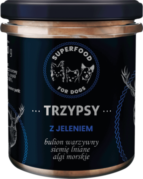 Trzypsy Superfood mokra karma z jeleniem, bulionem, siemieniem, algami. Ciemny słoik, biały jeleń, front.