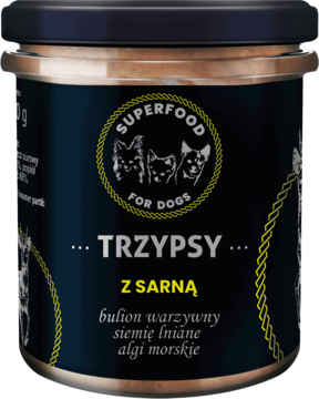 Trzypsy Superfood, karma mokra dla psa z sarną, ciemny słoik z żółtym napisem, widok z przodu.