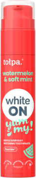 Czerwona butelka z pompką wybielającej pasty Tolpa watermelon & soft mint, widok z przodu, z napisem "white ON".