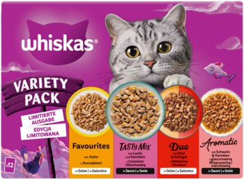Fioletowe opakowanie Whiskas Variety Pack edycja limitowana karmy dla kota z szarym kotem i 4 smakami mokrej karmy.