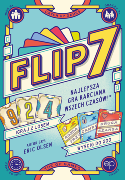 Pudełko gry karcianej Flip 7, widok z przodu. Dominujący niebieski kolor, żółty tytuł i hasło "Najlepsza gra karciana wszech czasów!".