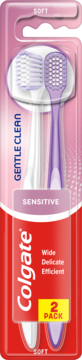 Colgate Gentle Clean Sensitive, 2 miękkie szczoteczki w przezroczystym blistrze, z przodu widać białą i fioletową.