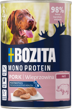 Front puszki karmy Bozita Mono Protein Wieprzowina dla psa, z psem, napisem 98% mięsa i postbiotykami.