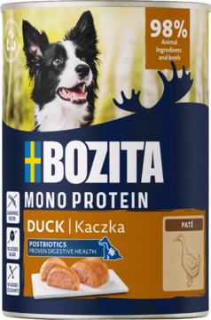 Puszka karmy Bozita Mono Protein Duck Kaczka dla psa. Widok z przodu, z psem, 98% składników zwierzęcych, pasztet.