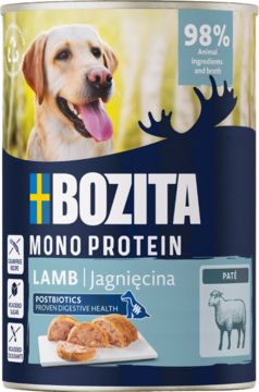 Puszka karmy Bozita Mono Protein Lamb dla psa, paté, z psem Labradorem i jagnięciną, widok z przodu.