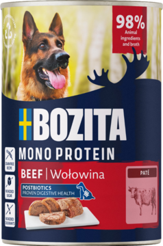 Puszka Bozita Mono Protein wołowina karma pate dla psa 400g, na etykiecie uśmiechnięty owczarek niemiecki.