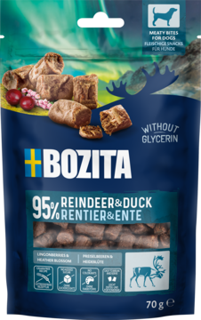 Bozita 95% Reindeer&Duck przysmaki dla psów, granatowa saszetka 70g z okienkiem, widok z przodu.