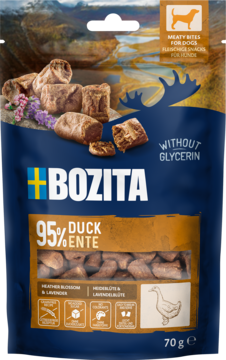 Bozita mięsne przysmaki dla psa z kaczką 70g, niebieska torebka stojąca frontalnie, 95% kaczki, bez gliceryny.