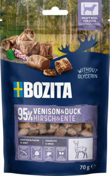 Bozita, 95% Venison & Duck, przysmaki dla psa 70g, w granatowej torebce z przezroczystym okienkiem, widok z przodu.