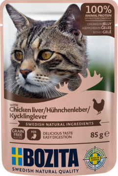 Różowo-brązowa saszetka Bozita 85g dla kotów z wątróbką z kurczaka w galaretce, bezzbożowa, z kotem tabby, widok z przodu.