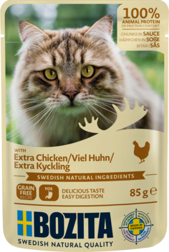 Bozita saszetka dla kota 85g Extra Chicken, beżowa, z realistycznym wizerunkiem kota, widok z przodu.