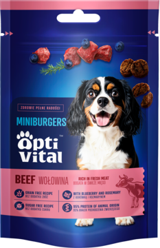 Opti Vital miniburgerki dla psów z wołowiną 60g w granatowej torebce z psem i napisem 'Grain-Free', widok z przodu.
