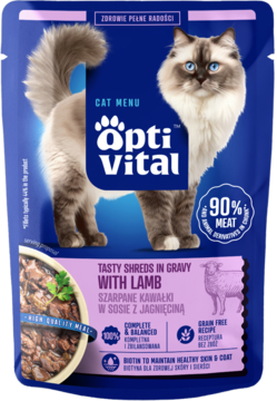 Granatowa saszetka OptiVital Cat Menu, szarpane kawałki z jagnięciną w sosie, 90% mięsa, widok z przodu.