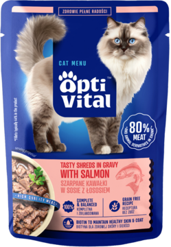OptiVital 85g mokra karma dla kota: szarpane kawałki z łososiem w sosie, niebieska saszetka z kotem.