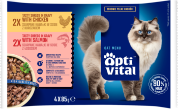 Multipack OptiVital saszetki z karmą dla dorosłych kotów, kurczak i łosoś 4x85g, z kotem Ragdoll.