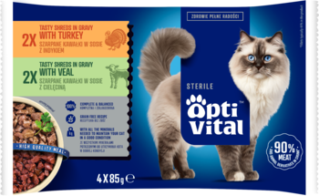 OptiVital Sterile, karma 4x85g dla sterylizowanych kotów, z indykiem i cielęciną. Opakowanie z kotem, 90% mięsa.