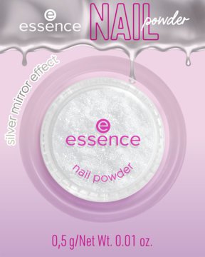 Essence NAIL powder, srebrny pyłek z efektem lustra w białym okrągłym słoiczku, na fioletowym tle.