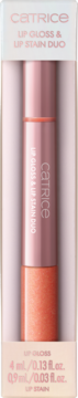 Catrice Lip Gloss & Lip Stain Duo w przezroczystym pudełku, dwustronny produkt w odcieniach morelowego różu.