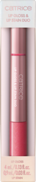 Catrice Lip Gloss & Lip Stain Duo, różowy podwójny aplikator w przezroczystym opakowaniu, widok z przodu.