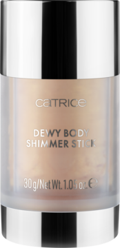 Pionowy Catrice Dewy Body Shimmer Stick 30g, złoto-beżowy, z srebrną nakrętką, widok z przodu.