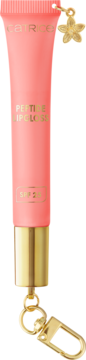 Catrice Peptide Lipgloss SPF 25 w różowej tubce, złoty napis, kwiatowy brelok i karabińczyk, widok z przodu.