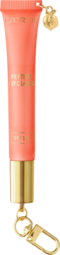 Catrice Peptide Lipgloss, brzoskwiniowy, z filtrem SPF 25. Złote detale i brzoskwiniowa zawieszka z karabińczykiem.