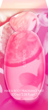 Różowa mgiełka Catrice Hair & Body Fragrance Mist 100ml w owalnej butelce z pionowym logo. Widok z przodu.